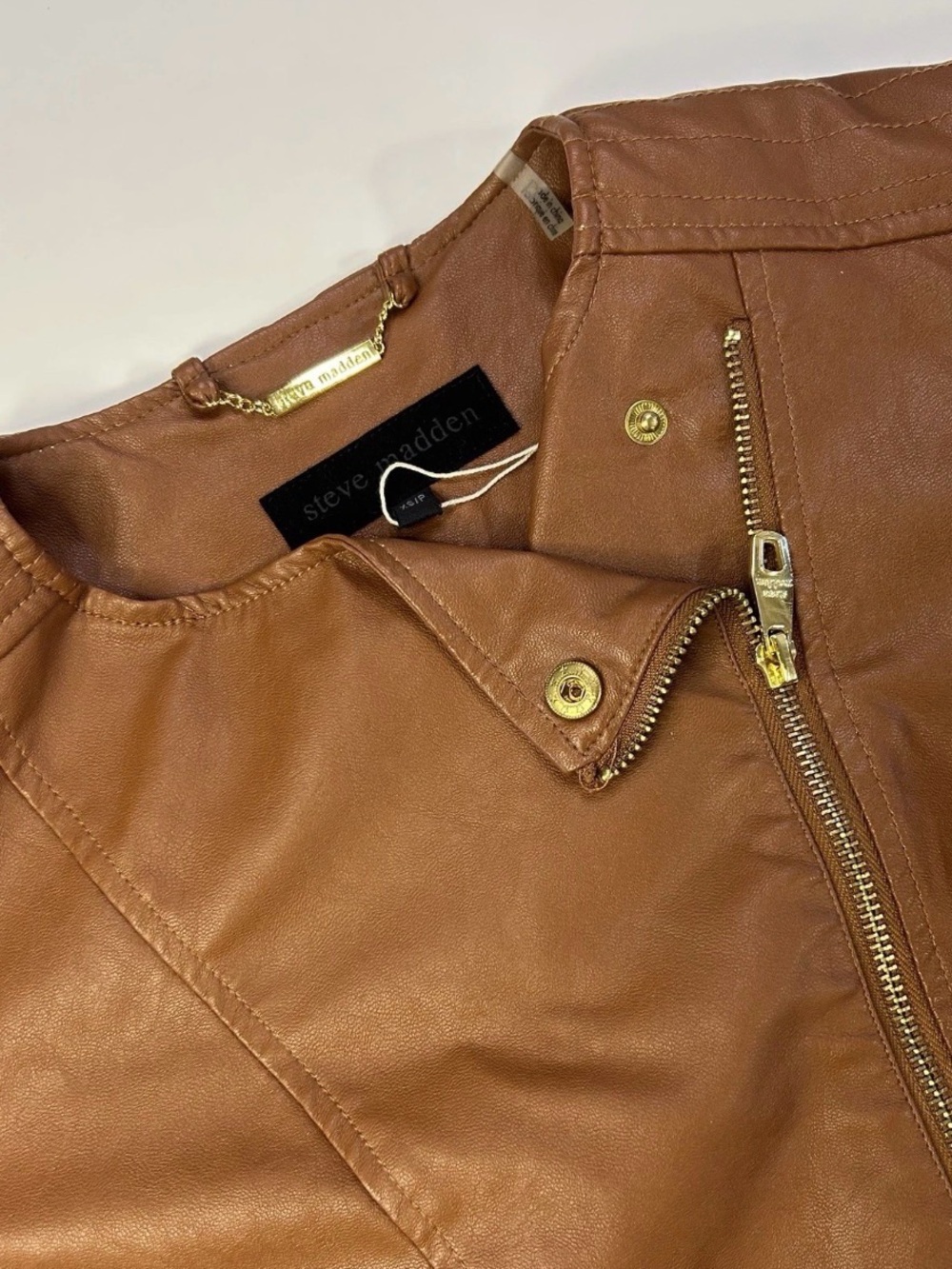 Steve Madden Tan Faux Leather Moto Jacket with Gold Hardware